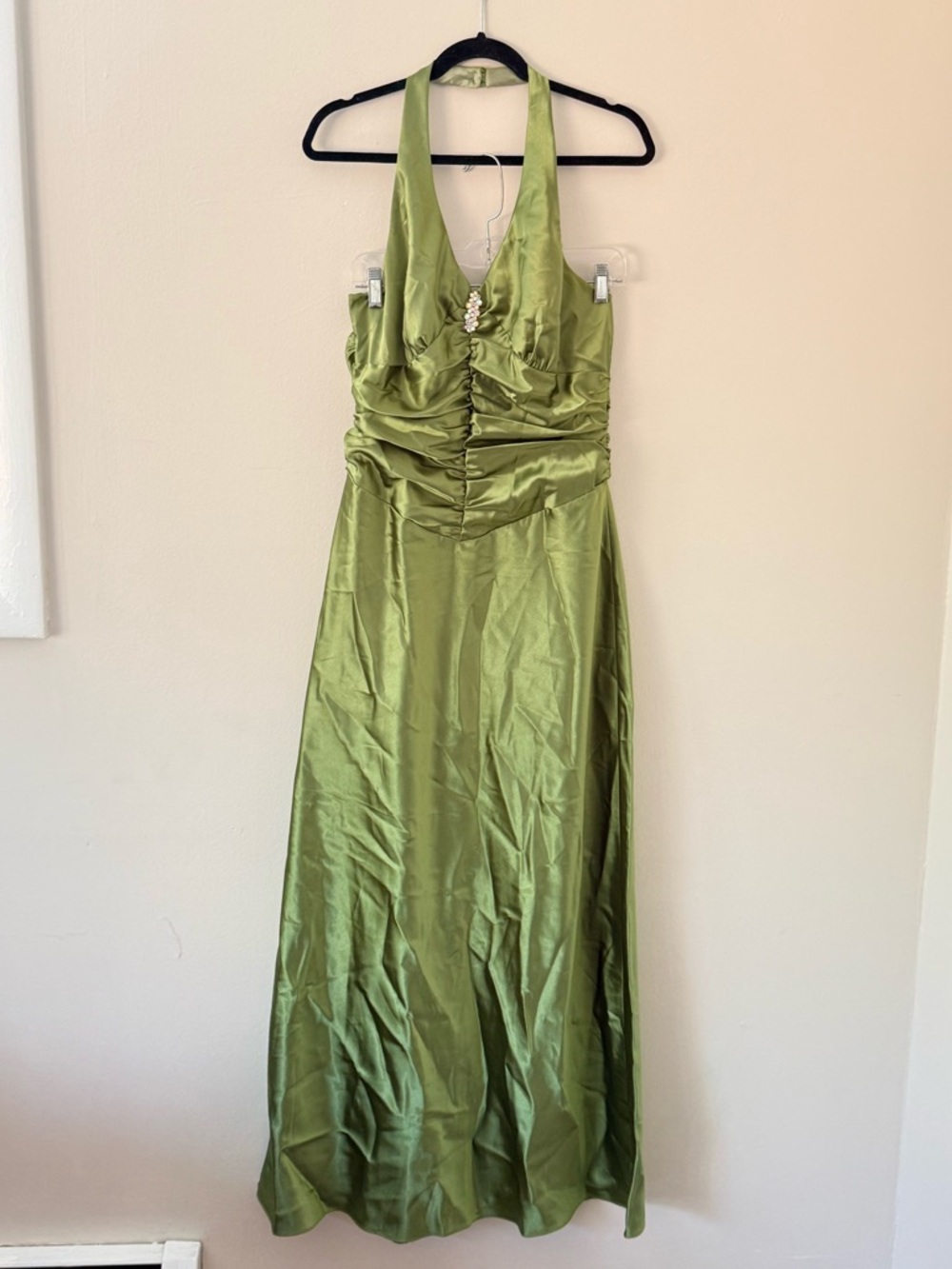 Vintage 90s Satin Slip Green Prom Dress Halter Rouched Maxi Gown Size 13/14 - Picture 12 of 17